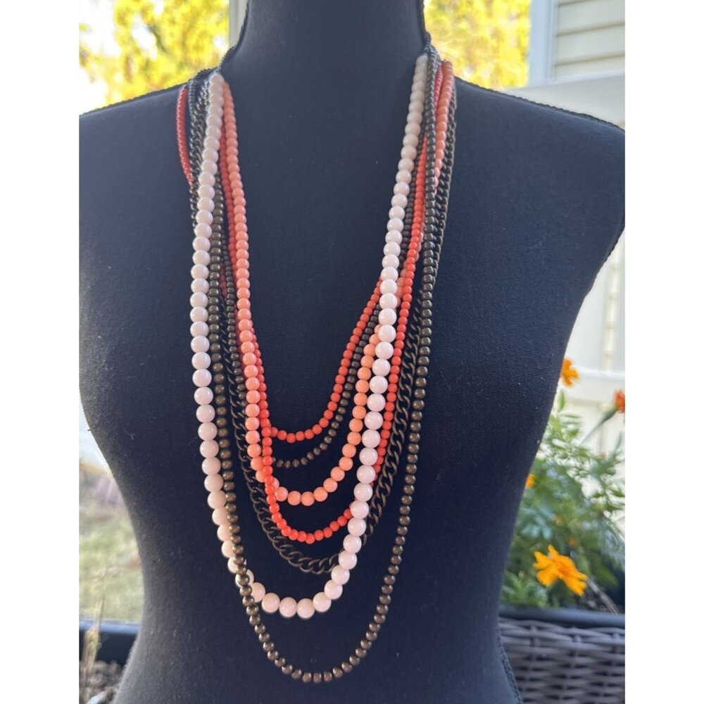 Premier Designs 36" Long Layered Beads Pink Orange Copper Statement Necklace NEW